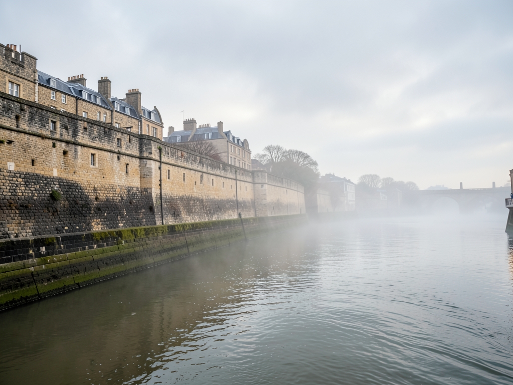 Thames river London with historic stone embankments cloudy