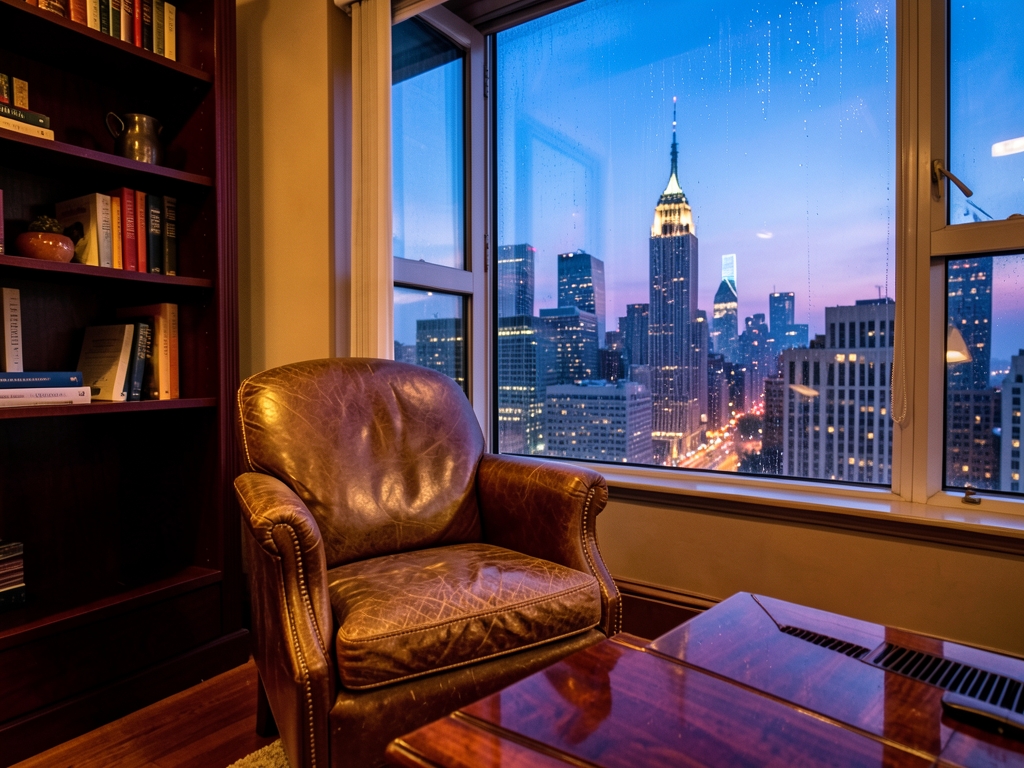 cozy leather armchair sits beside window overlooking Chicago