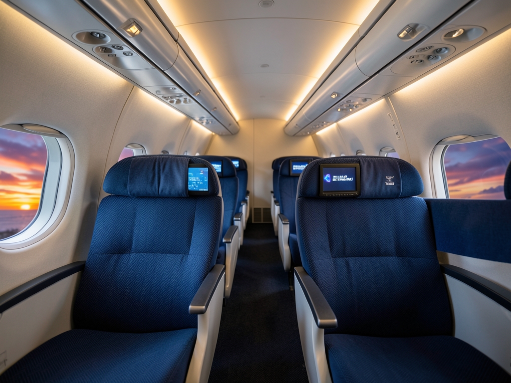 Spacious business class airplane cabin with lie flat seats
