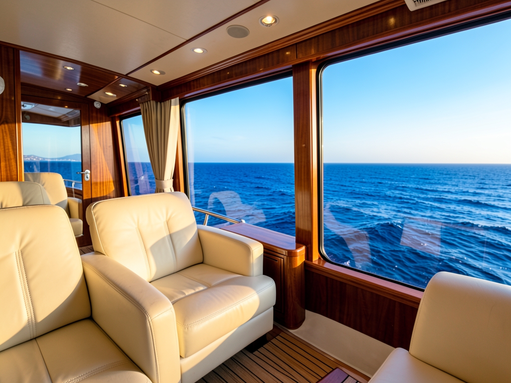 Soft morning light illuminates interior premium cabin with