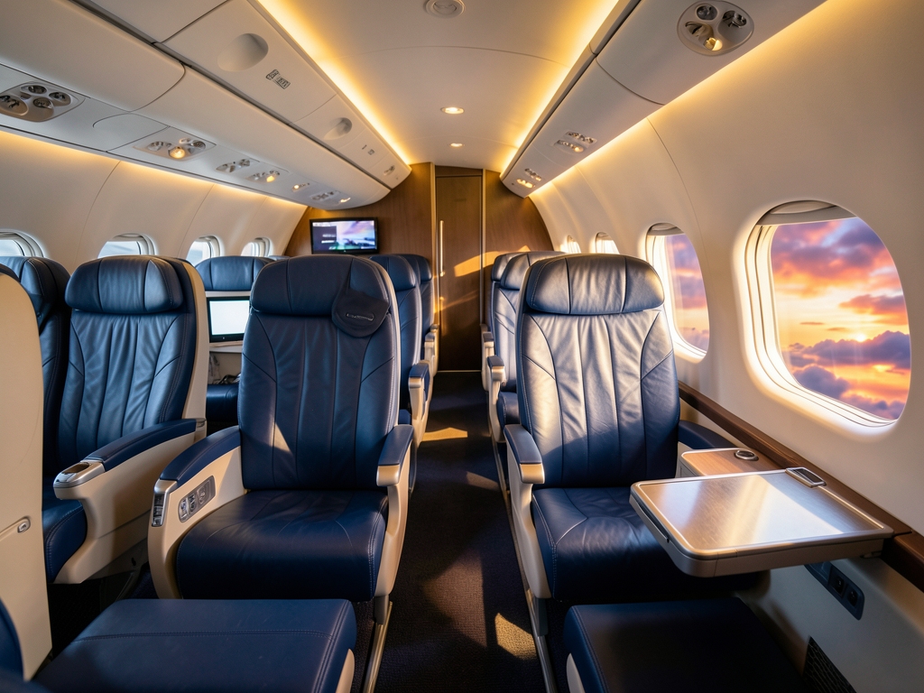 Spacious business class airplane cabin with deep blue
