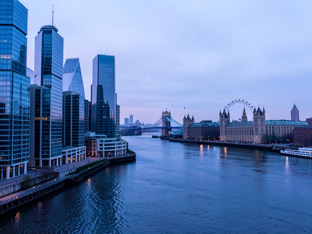 Chicago downtown towers along river blue hour blending