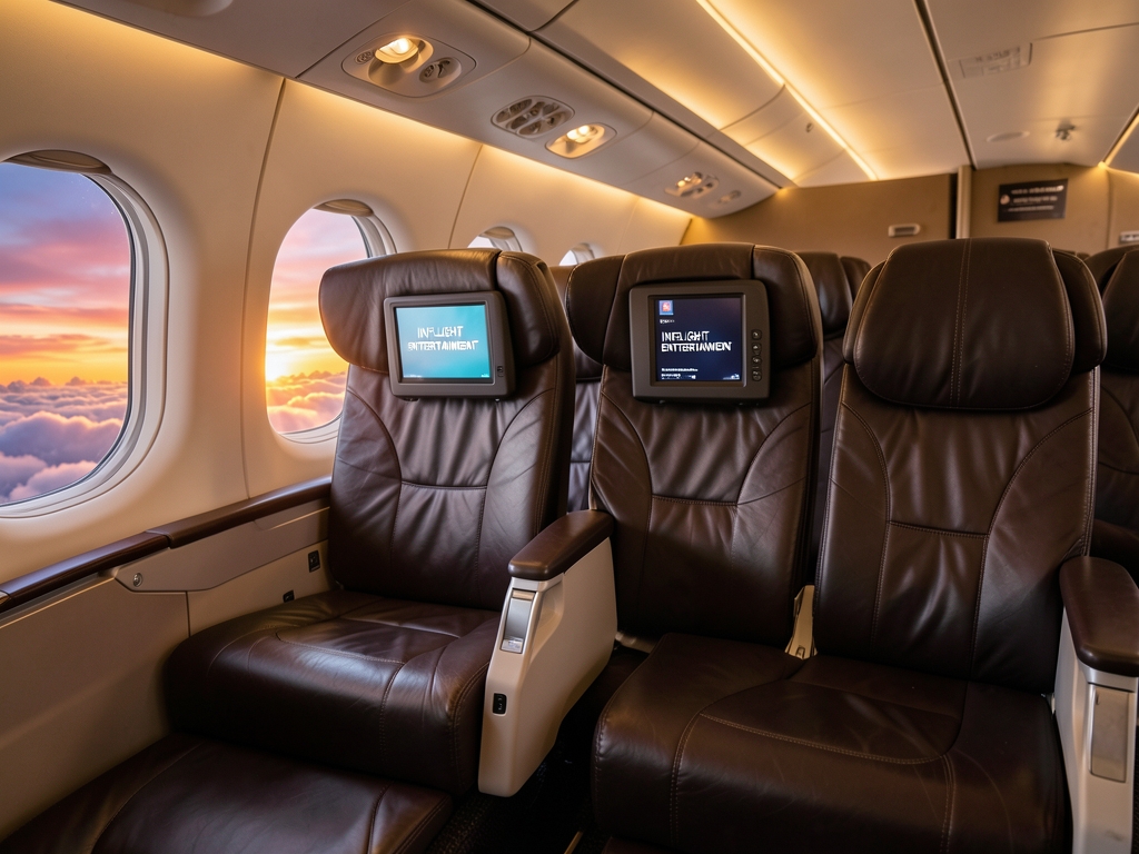 Spacious premium airplane cabin interior with dark leather