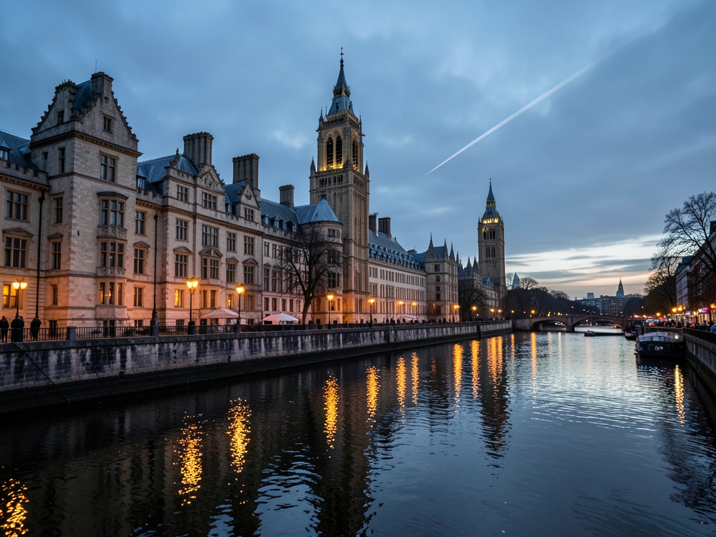 Historic London riverside with stone architecture towers under