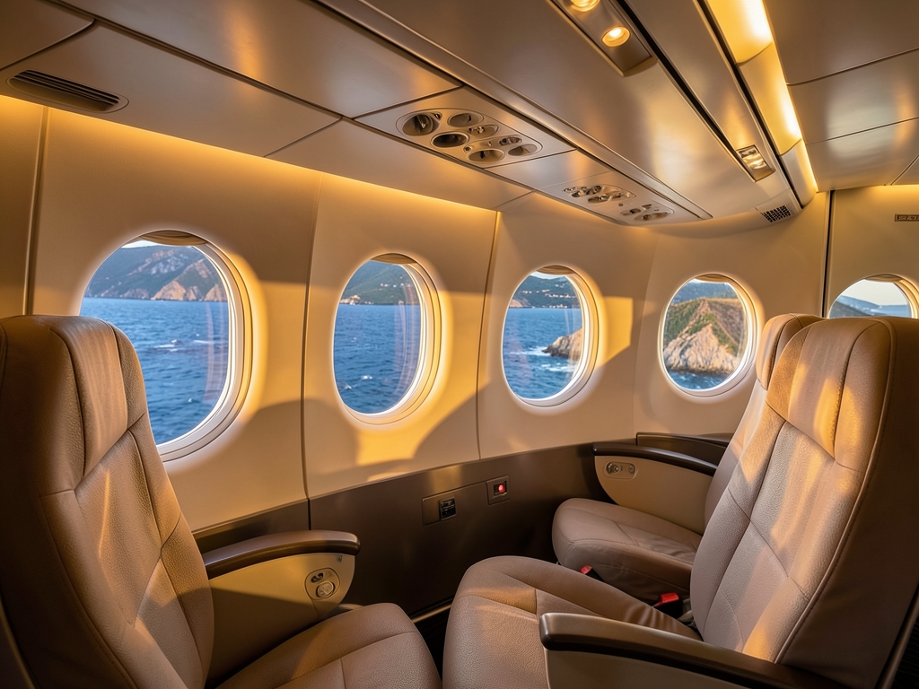 Interior view modern aircraft cabin bathed warm golden