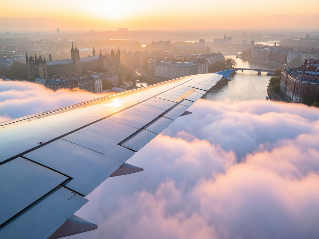 Airplane wing over soft sunset clouds above misty