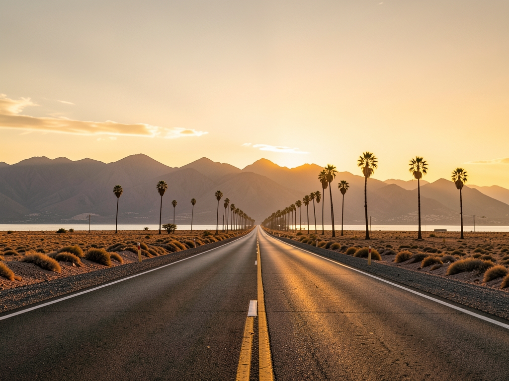 Long desert highway leading toward coastal mountains palm