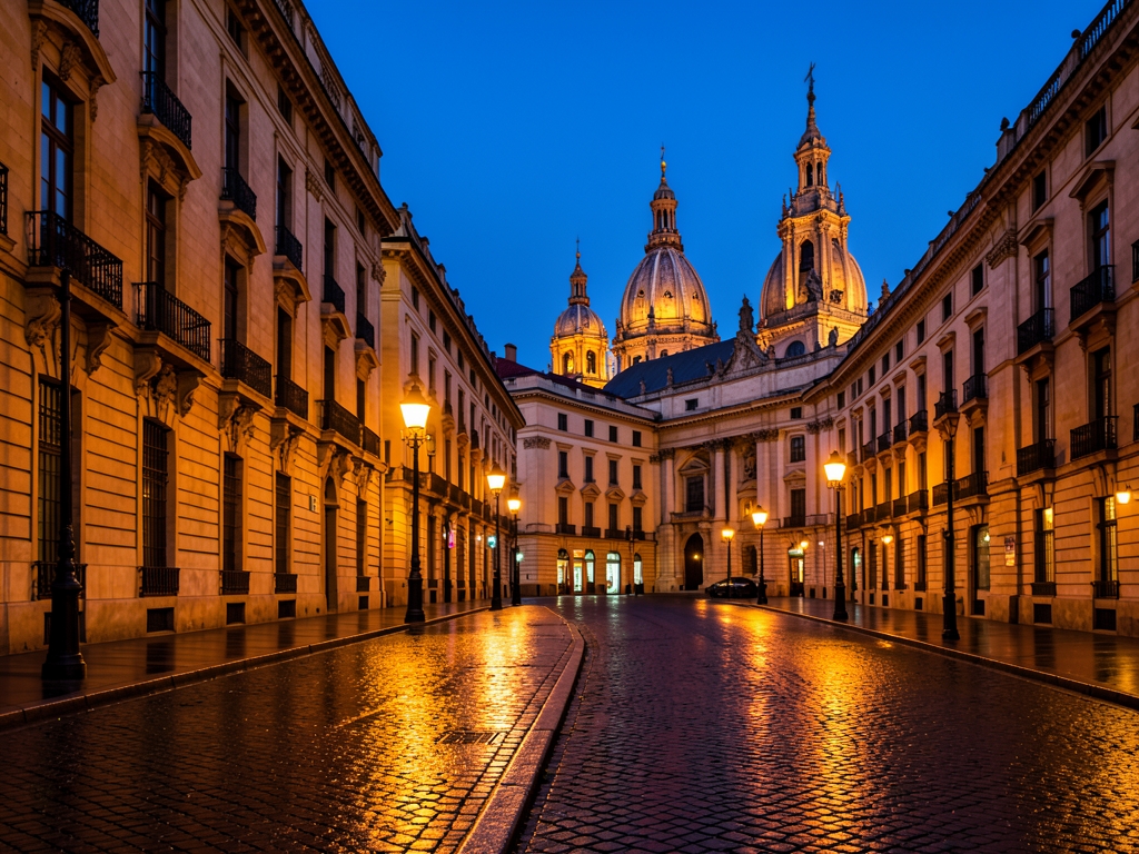 twilight view Madrid s historic architecture featuring warm stone