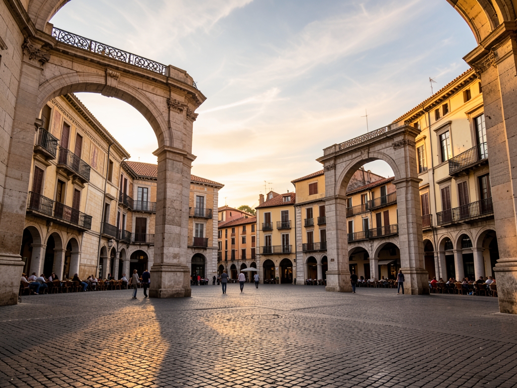 Madrid historic stone plaza with elegant arches terracotta
