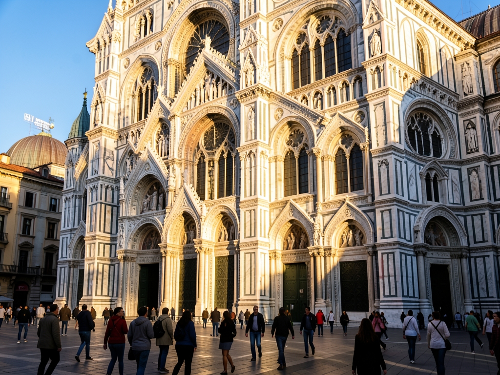Sunlight streams through arched stone windows Milan s Duomo
