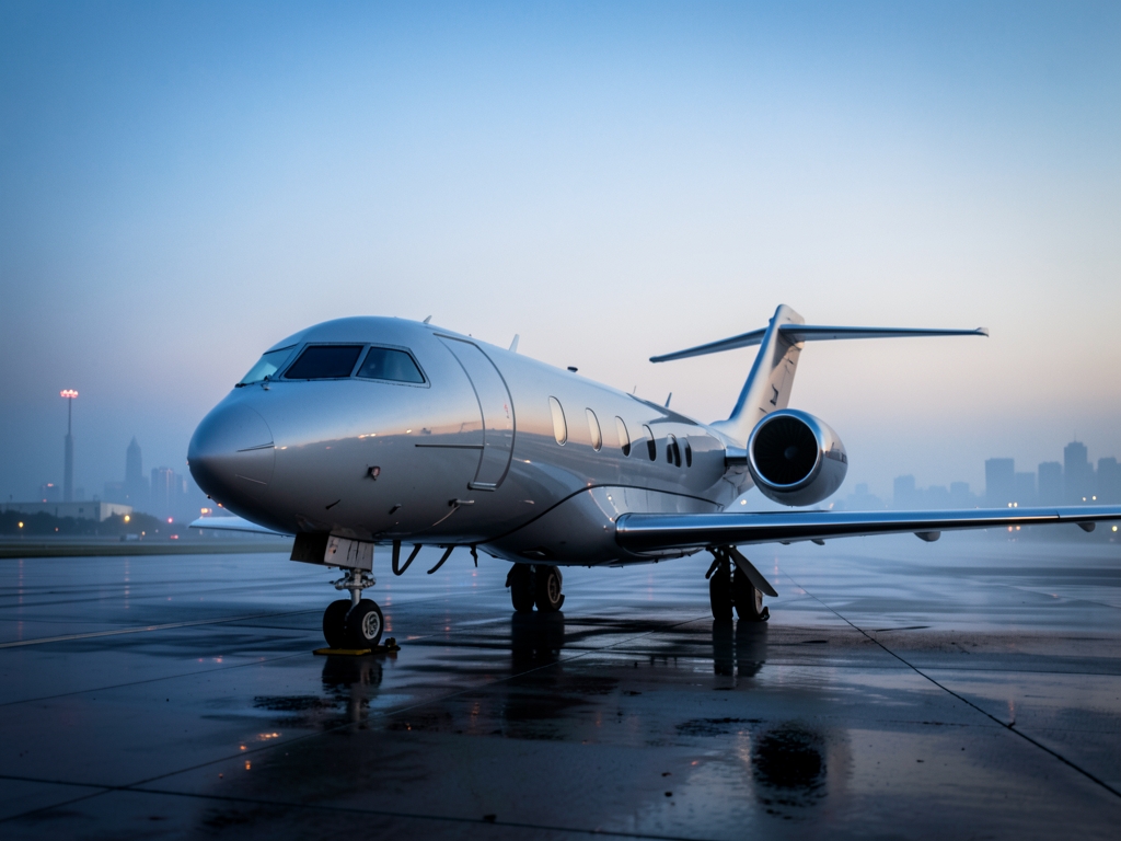 sleek private rests misty Newark airport tarmac dawn