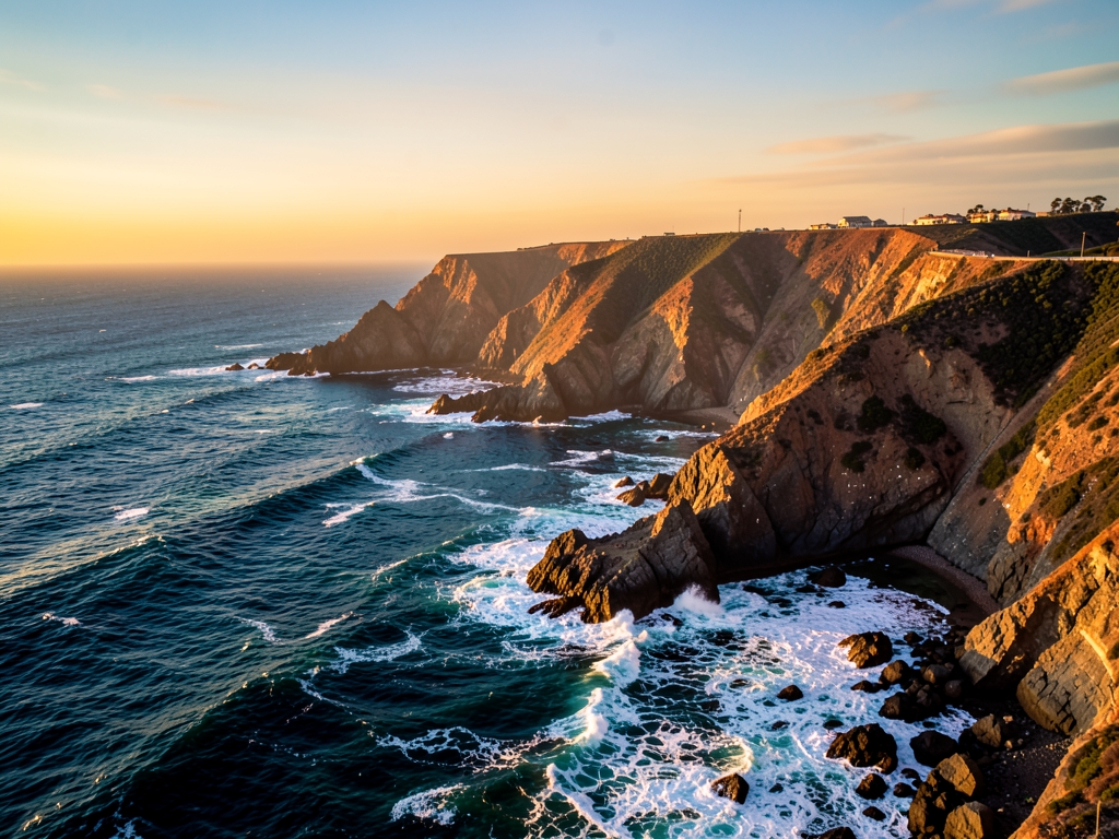 Golden hour sunlight illuminates rugged cliffs Pacific Ocean
