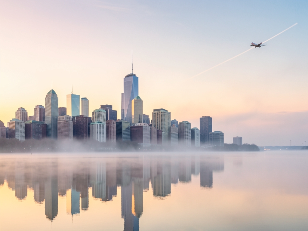 misty dawn settles over Chicago s steel and glass skyline reflecting