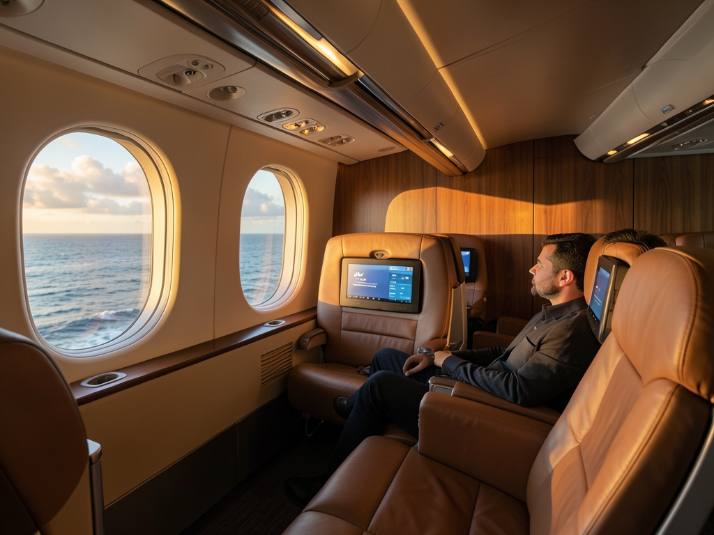 Spacious business class cabin interior with wide seats