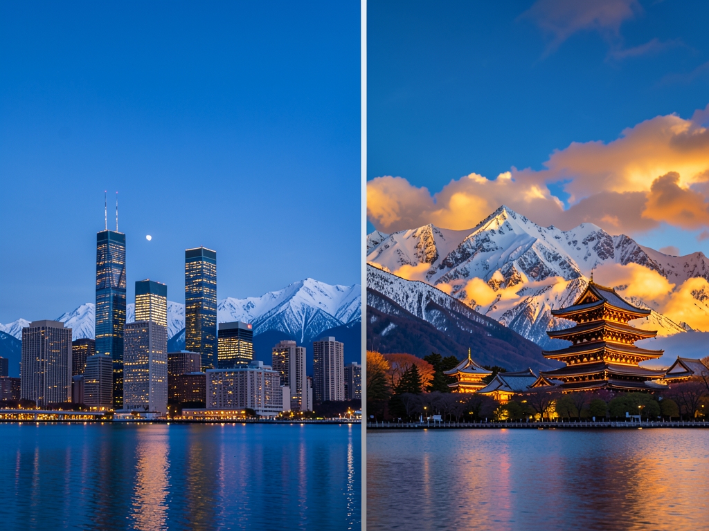 Chicago lakefront skyline blue hour blending into distant