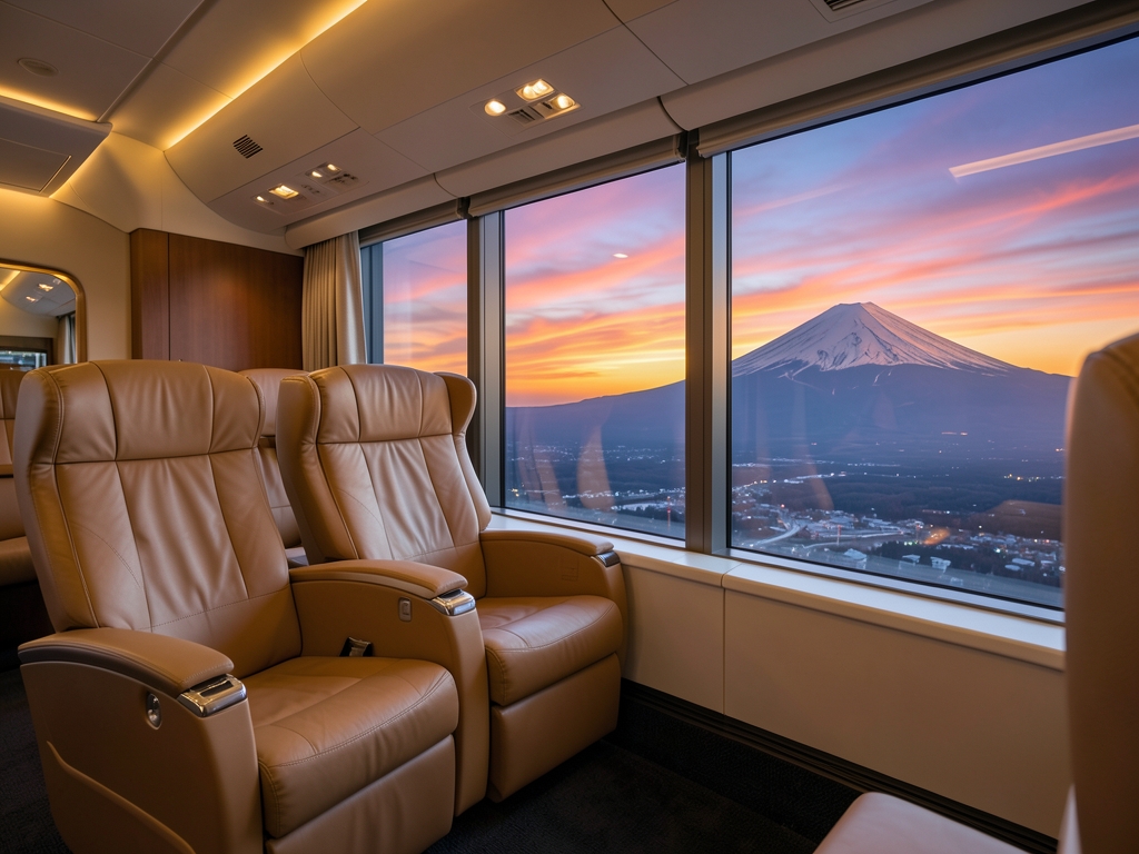 Spacious business class cabin with leather seats beside