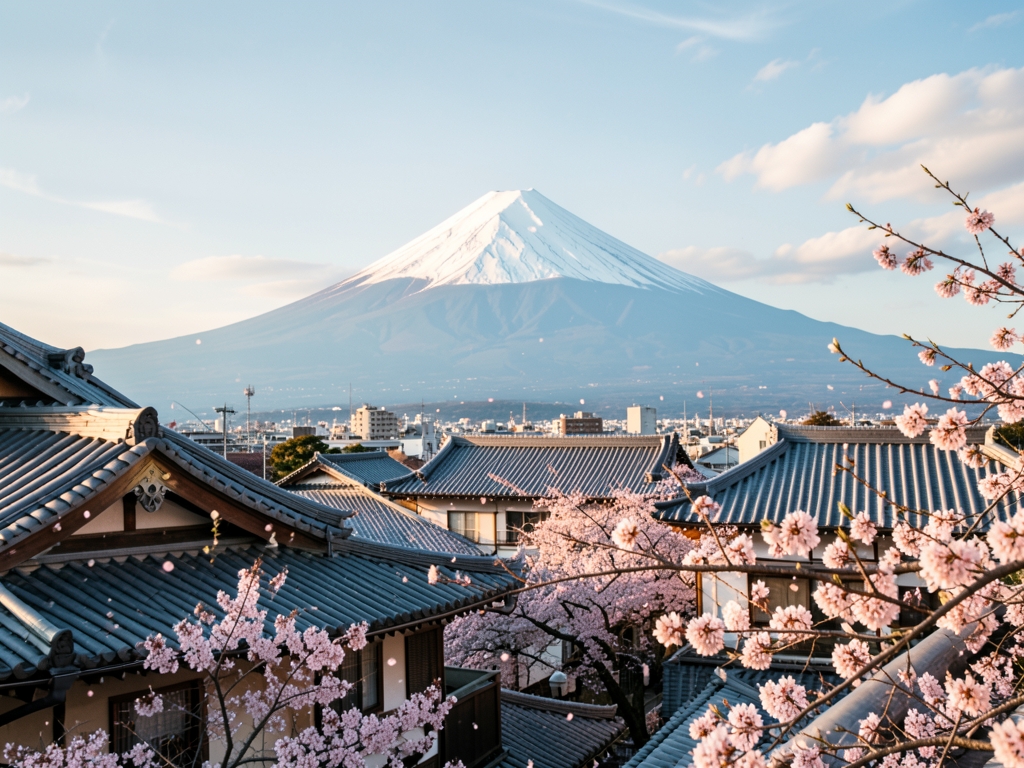 Tokyo rooftops with tiled eaves distant Mount Fuji