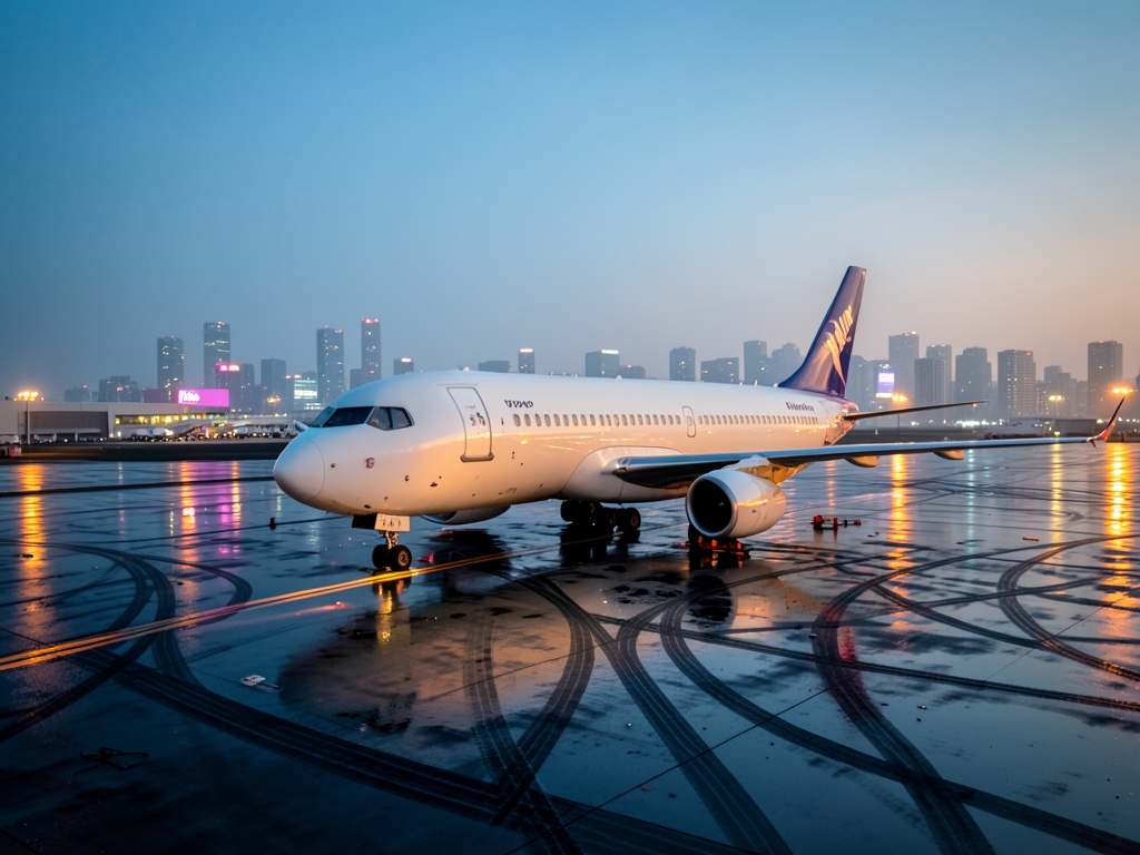 sleek commercial aircraft rests rain slicked tarmac Tokyo Narita