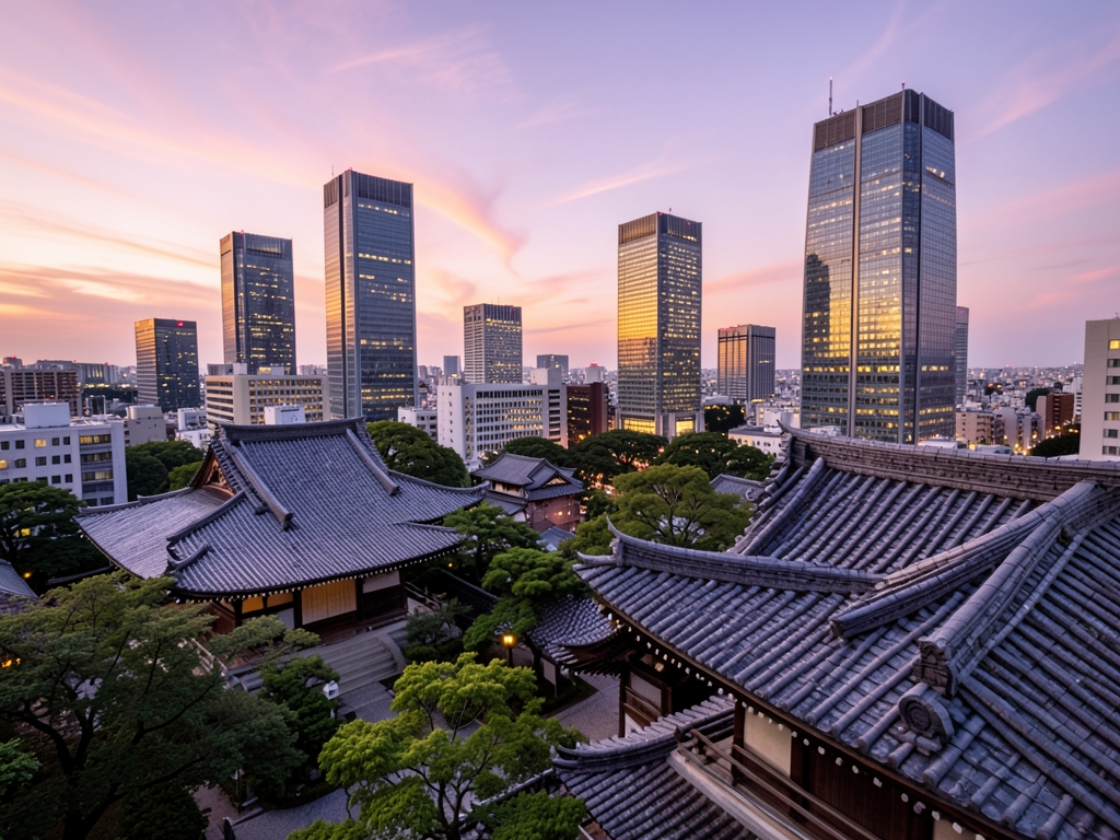 Tokyo skyline dusk with traditional temple rooftops modern