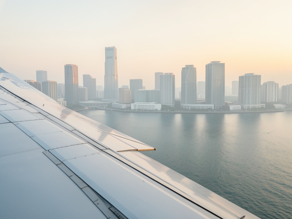 Airplane wing over Tokyo dawn with modern towers