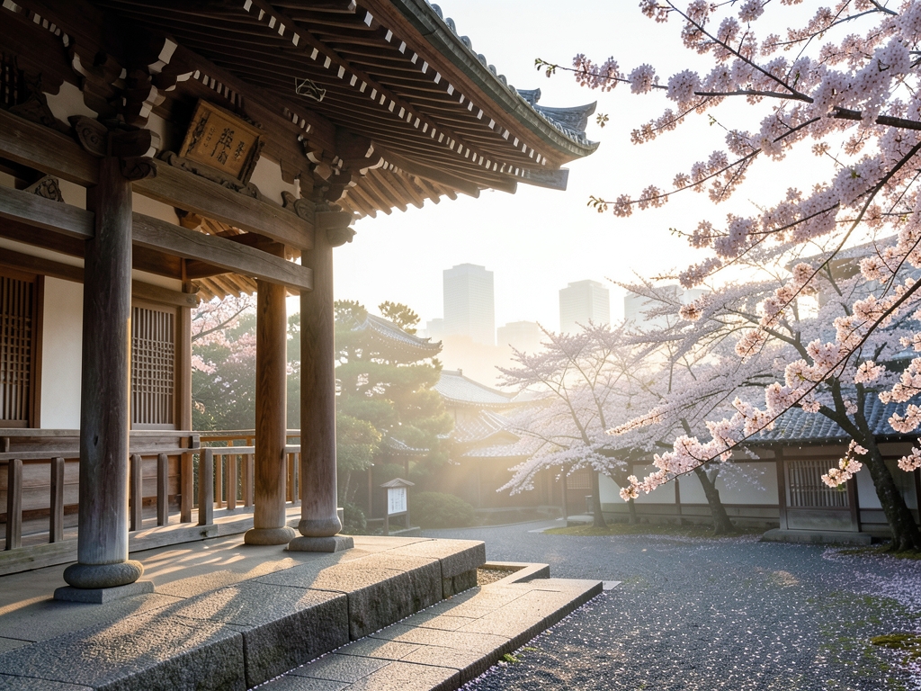 Tokyo temple garden with wooden architecture cherry blossoms