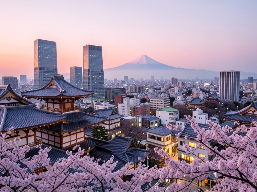 Tokyo skyline dusk with Mount Fuji horizon wooden