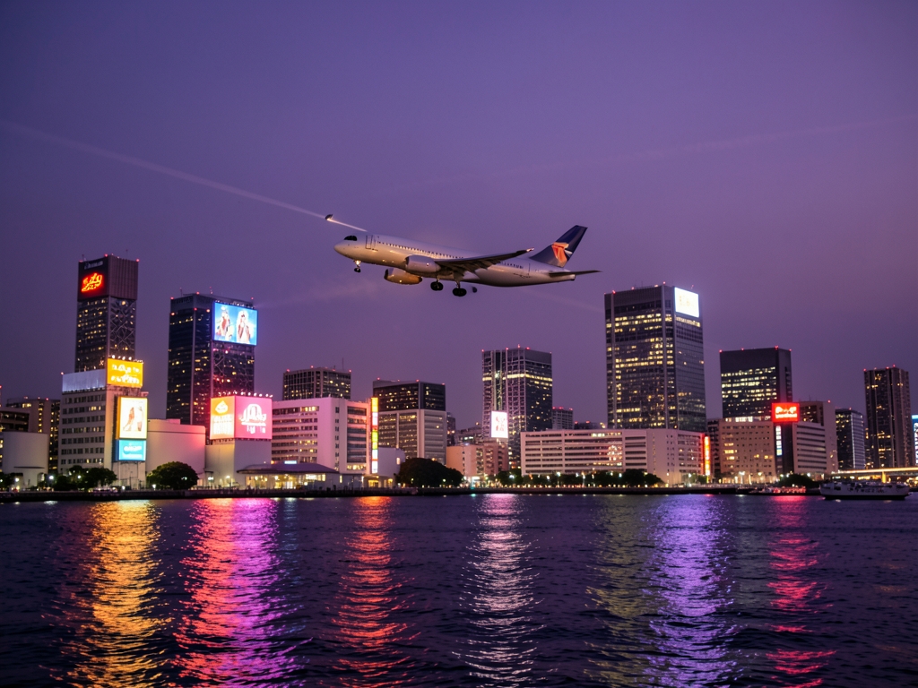 Soft twilight illuminates towering neon skyline Tokyo modern