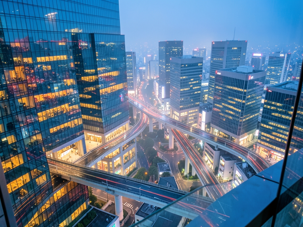Tokyo cityscape dusk seen from observation deck glass