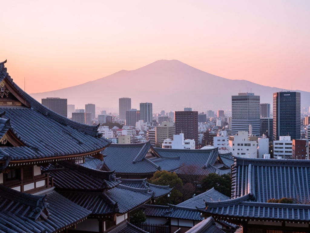 Tokyo cityscape soft dawn with distant mountain silhouette