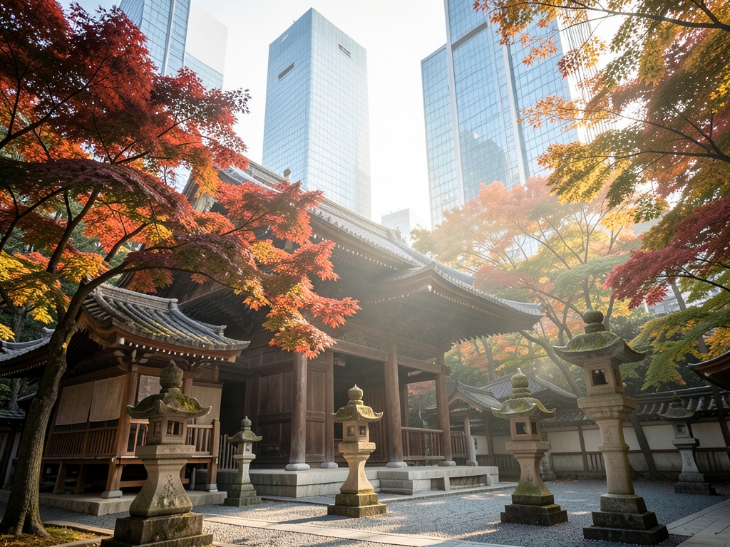 Tokyo wooden temple courtyard with stone lanterns maple
