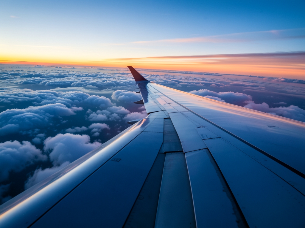 Wide body aircraft wing above endless sunset clouds over