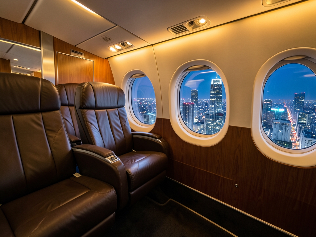 Interior view spacious airplane cabin with wide leather
