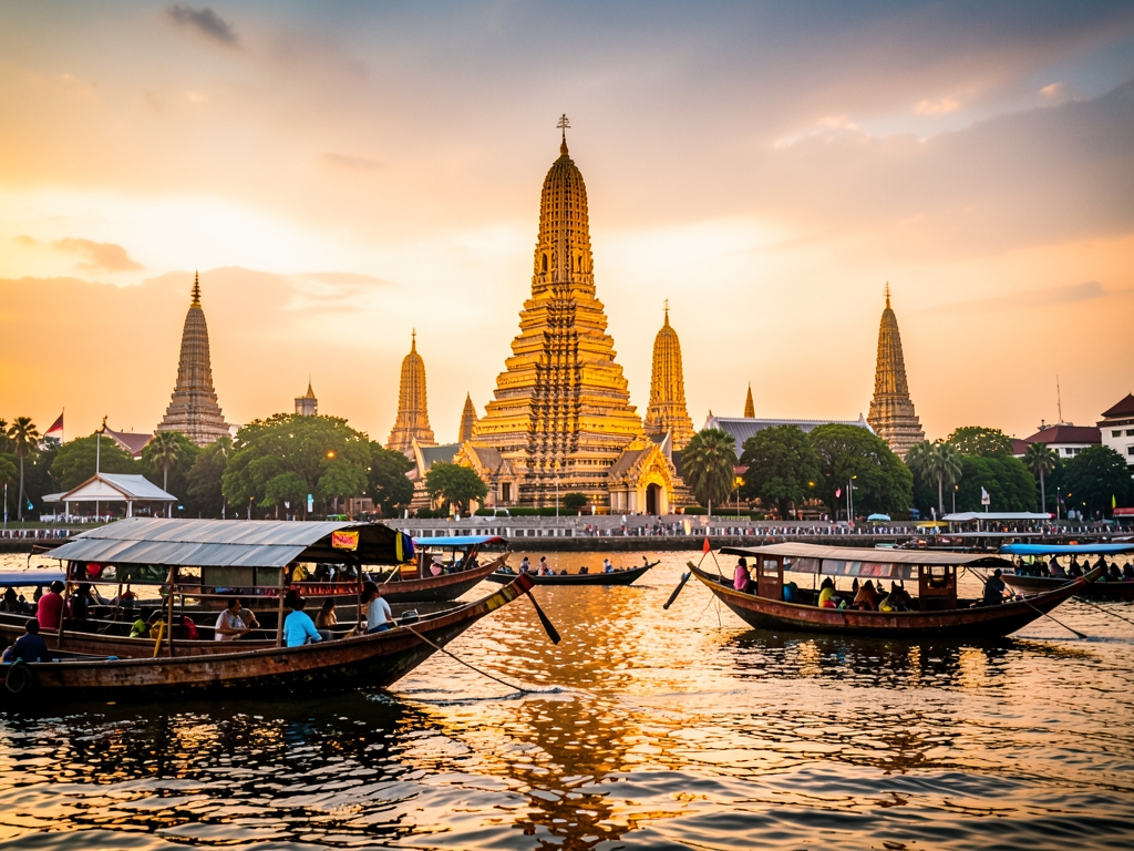 Warm dusk over Bangkok riverside with golden temple