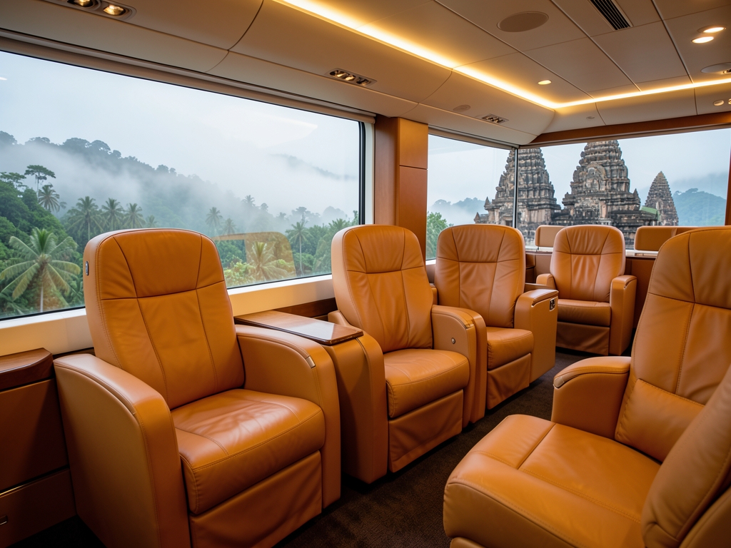Luxurious business class cabin interior featuring plush leather
