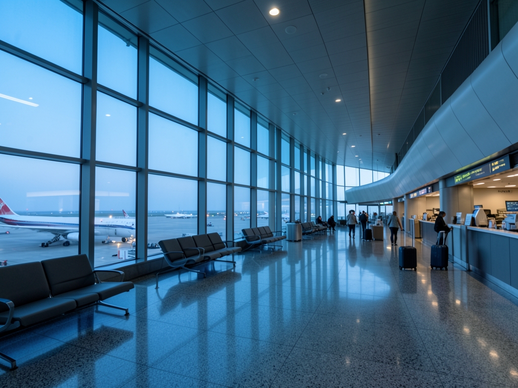 Quiet airport terminal interior dawn soft blue light