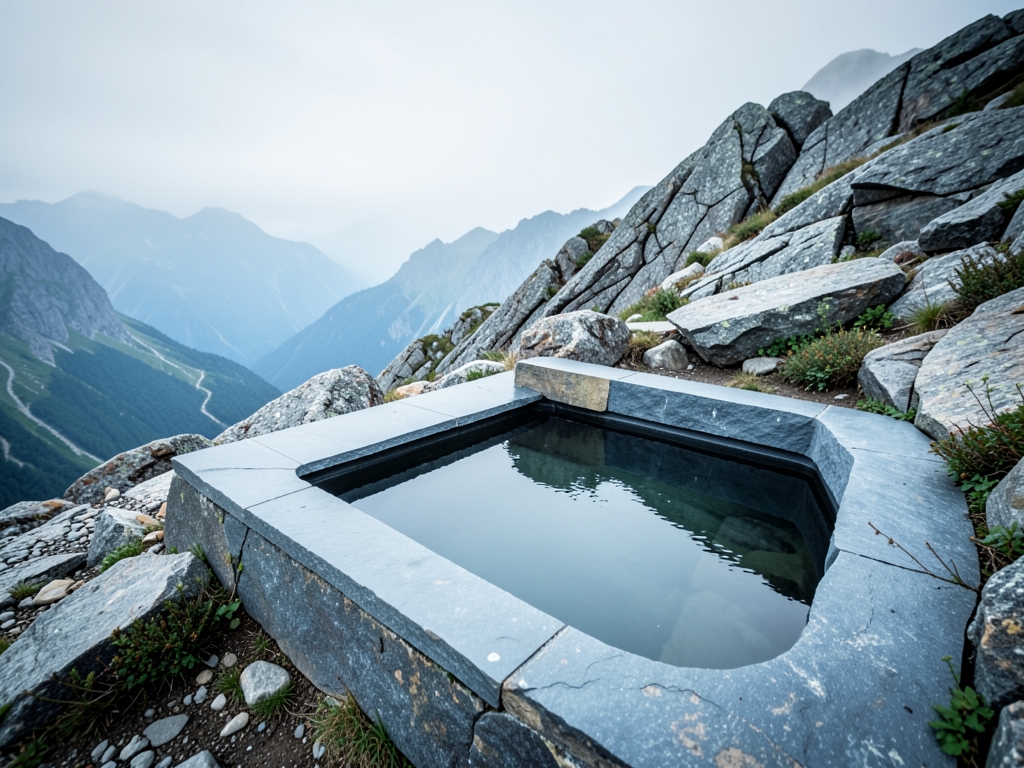 minimalist stone bath into rocky mountainside under overcast