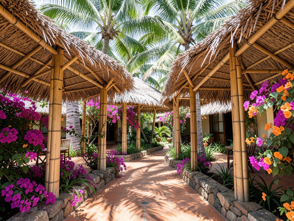 lush tropical resort courtyard Bahamas midday shaded thatched