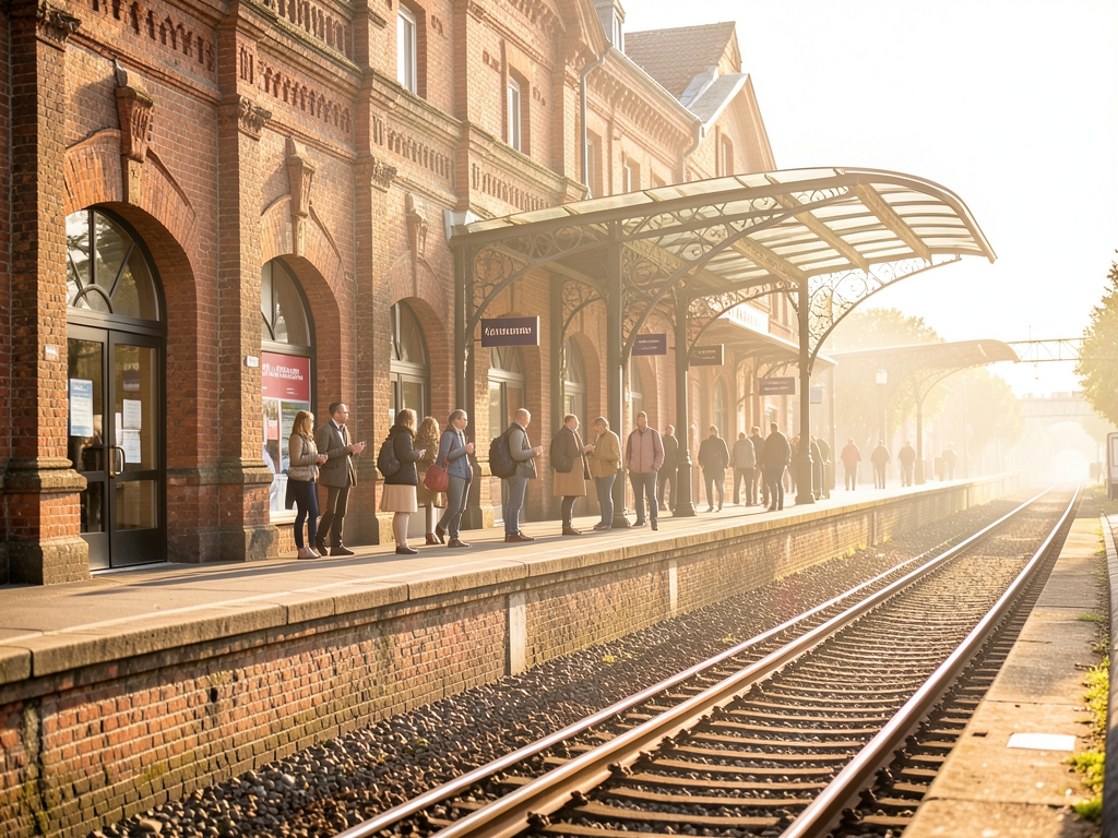 Sunlit brick railway station beside steel tracks glass
