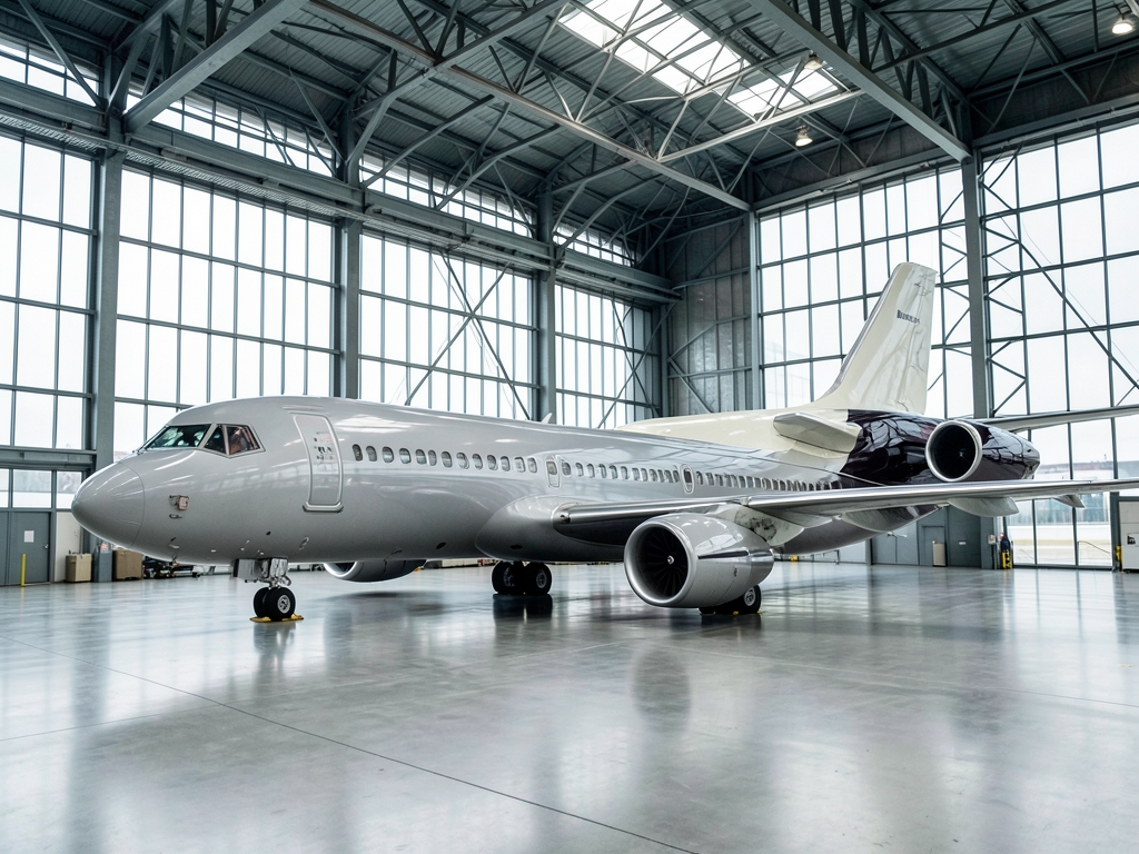 Inside glass and steel maintenance hangar sleek wide body larger long haul
