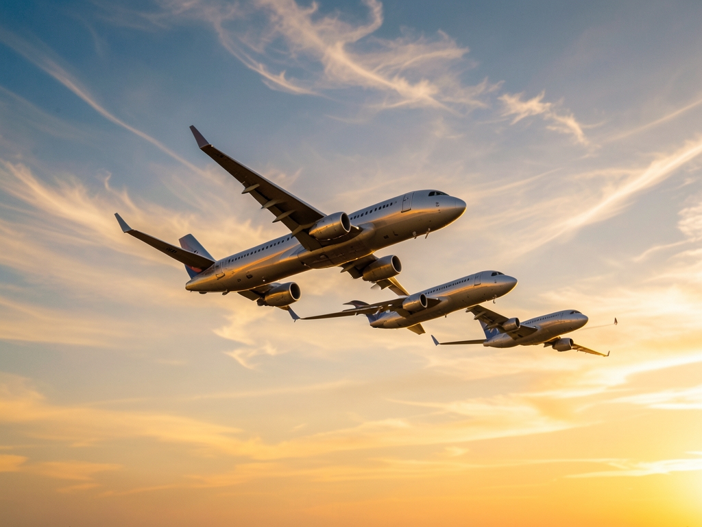Three commercial jets flying loose formation over wide open