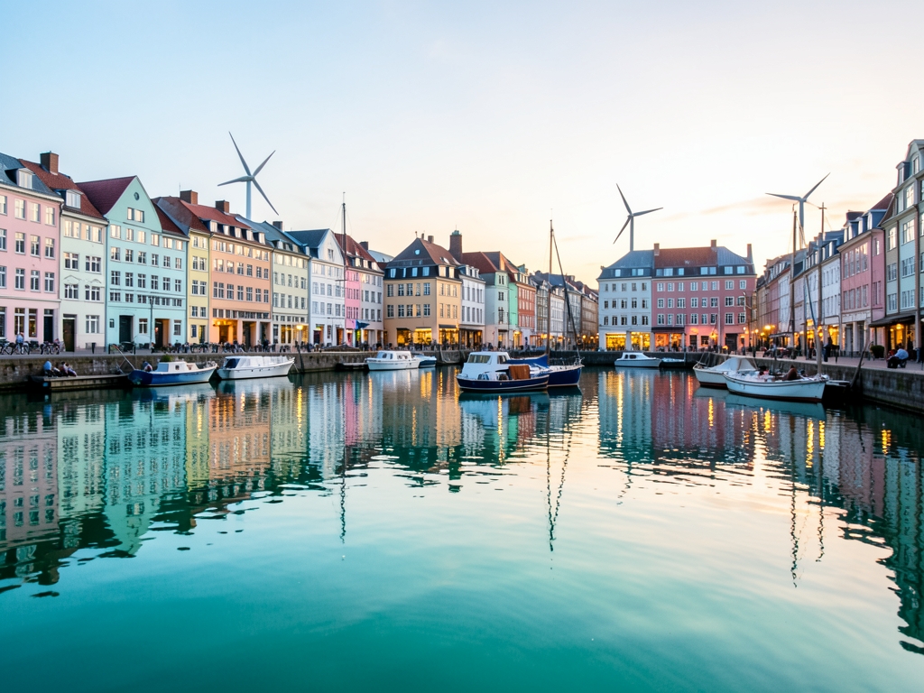 Wide angle view vibrant summer evening Copenhagen harbor bath