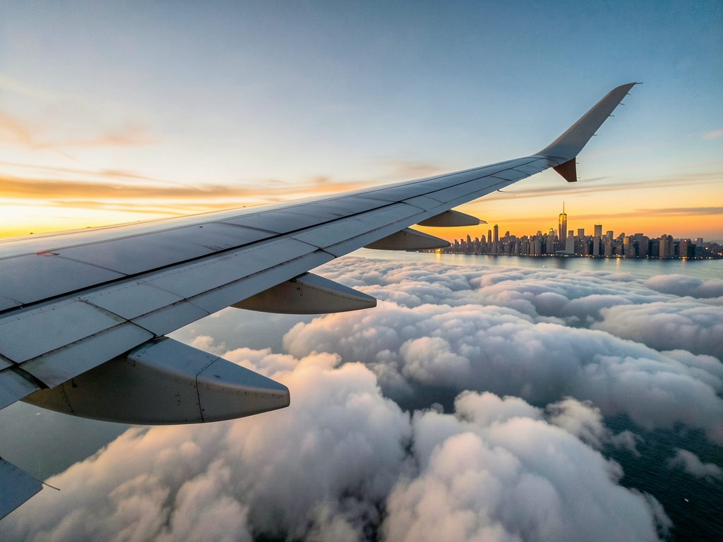 Wide airplane wing above soft clouds sunset with