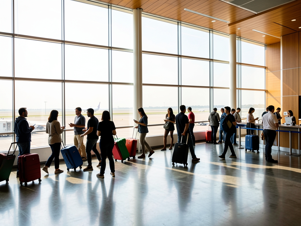 Bright sunlit airport terminal with floor to ceiling glass polished