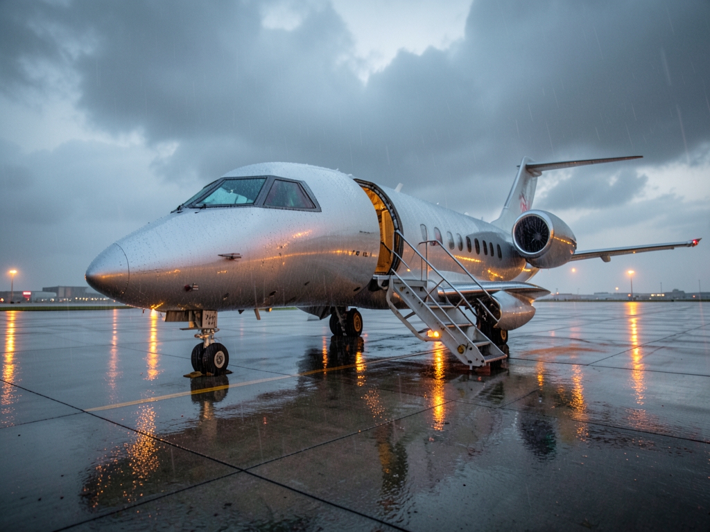 Late afternoon rain concrete apron narrow body beside mobile
