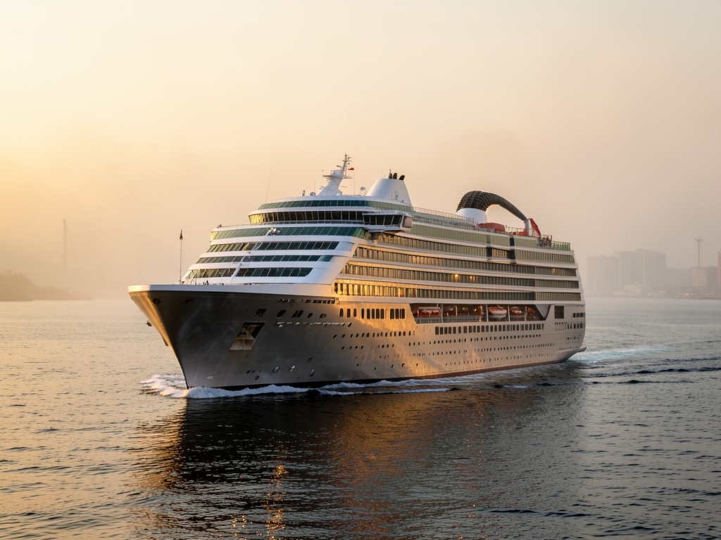 Modern ocean liner gliding through misty harbor dawn
