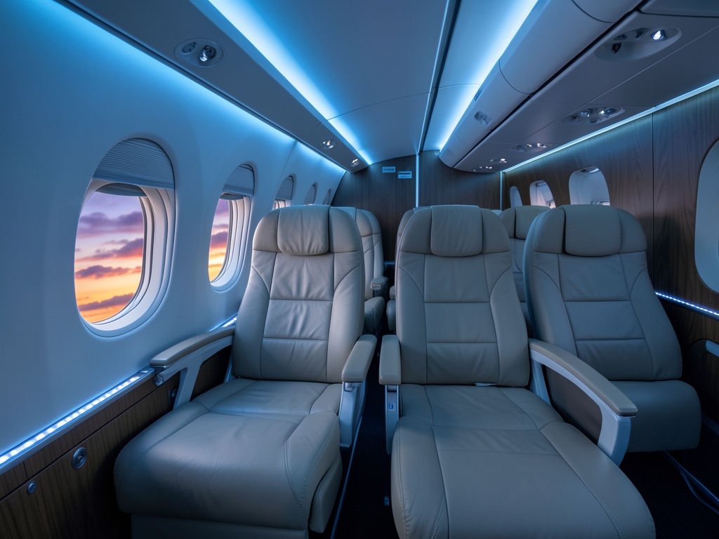 Spacious premium airplane cabin interior dusk with wide
