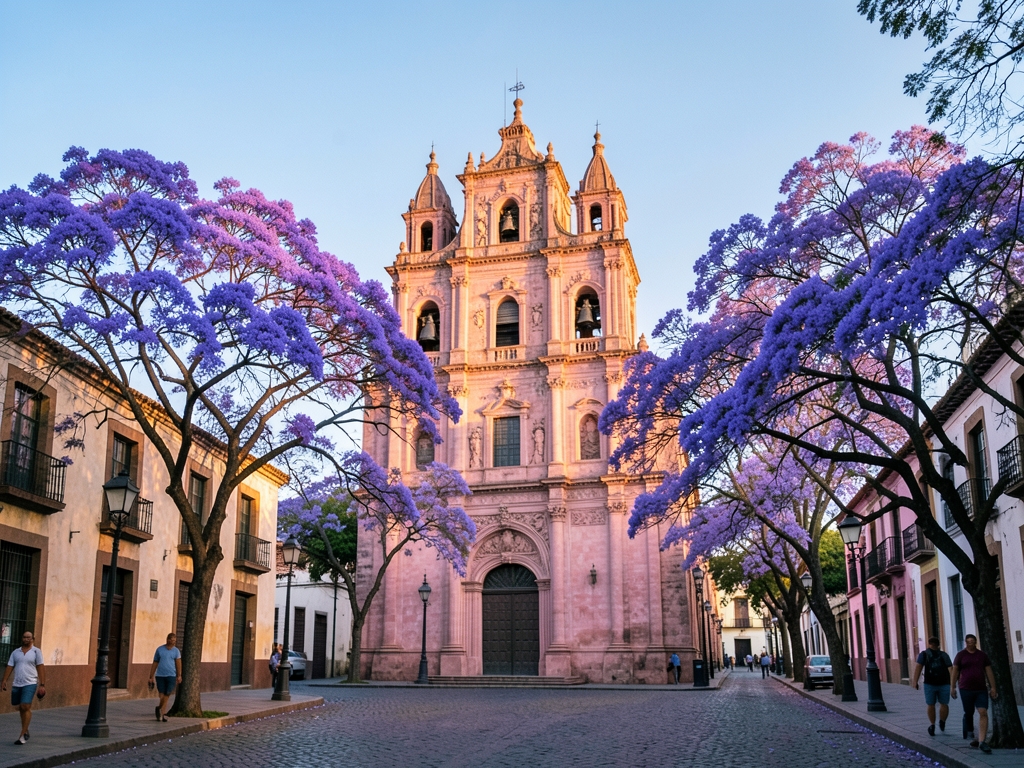 Sunlit Guadalajara historic center with pink stone cathedral