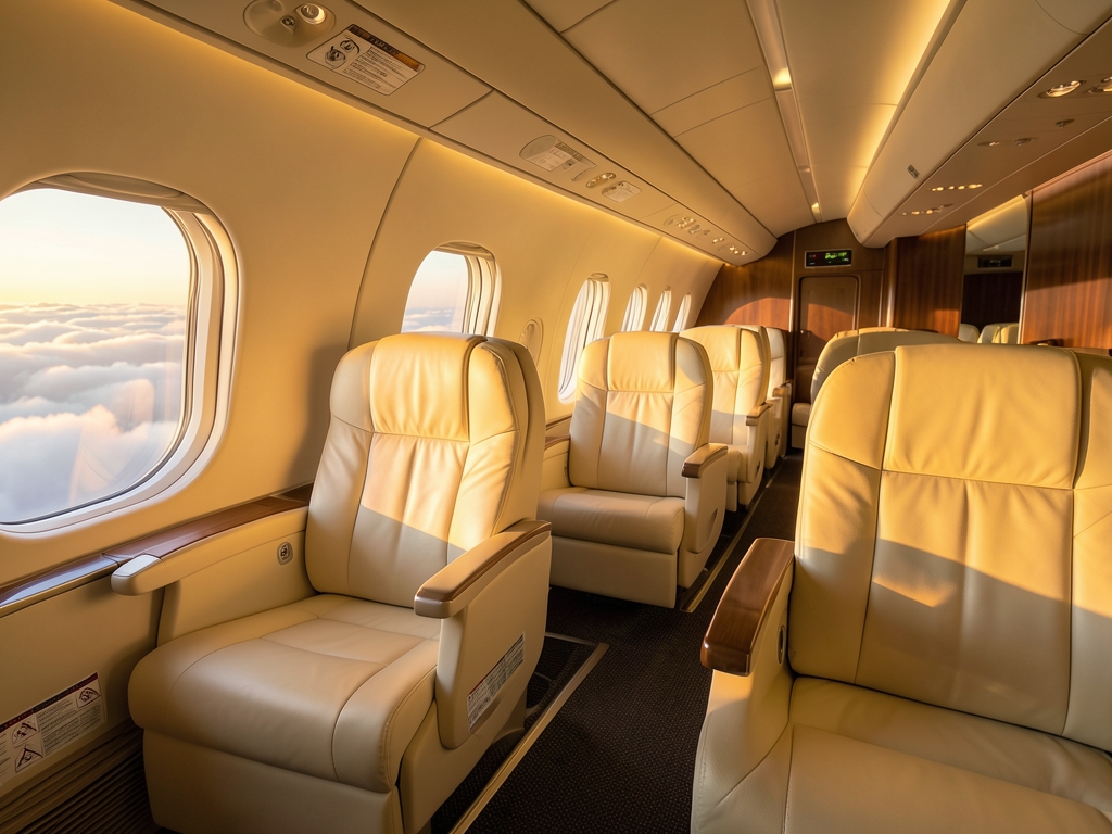 Spacious first class aircraft cabin with cream leather seats