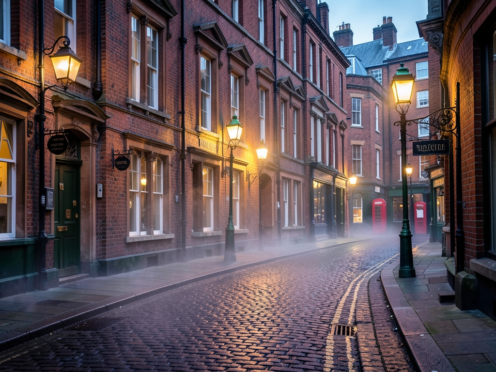 vintage London street scene dusk features brick architecture