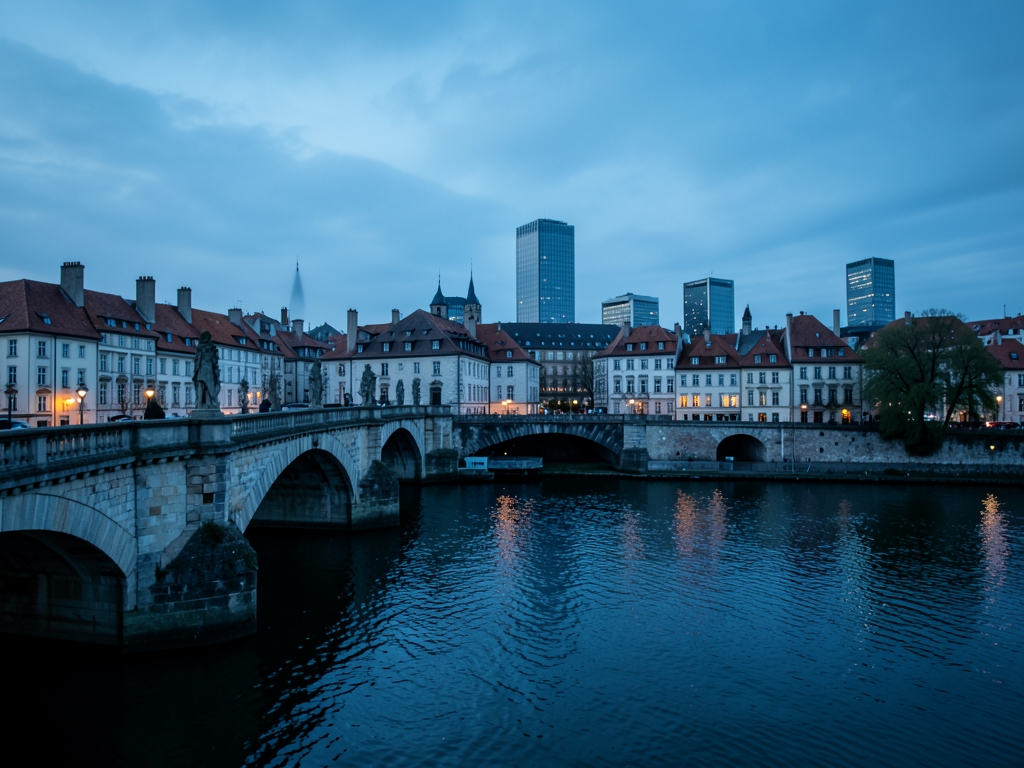 Twilight view over historic river city with stone